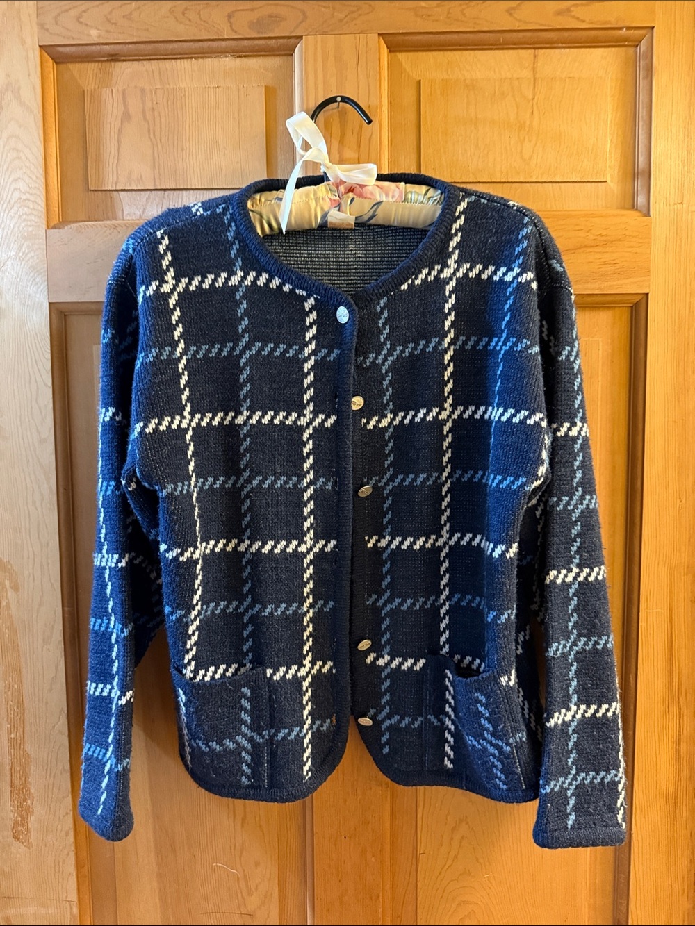 Tally-Ho Classic Navy Plaid Button-Front Women's Cardigan Sweater